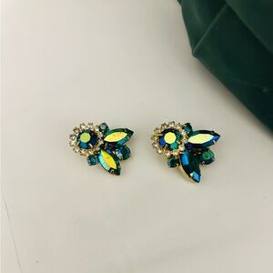 Vintage Clip Elegant Gold and Green Crystal Earrings